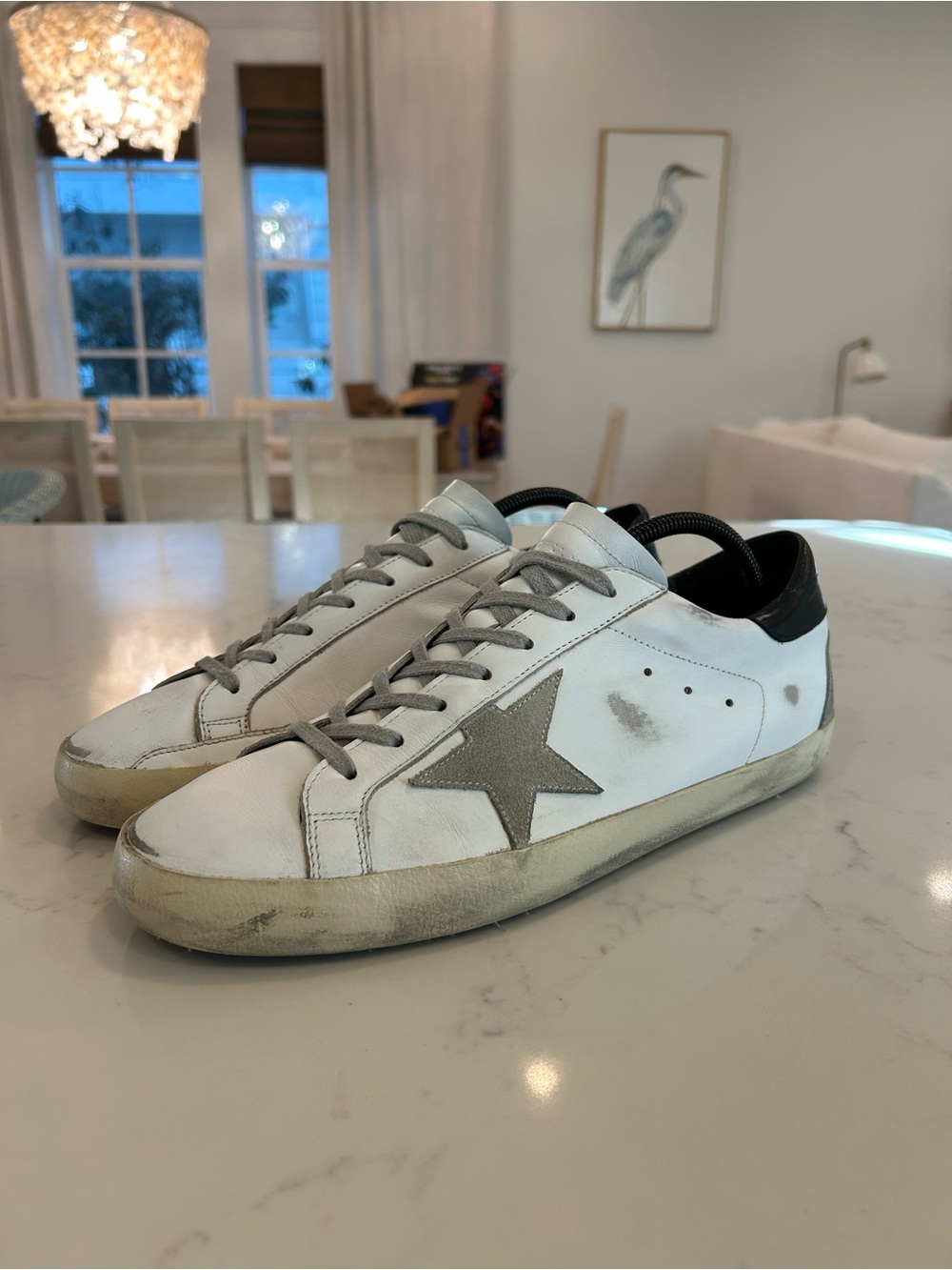 Golden Goose White Leather Sneakers with Gray Star and Black Heel